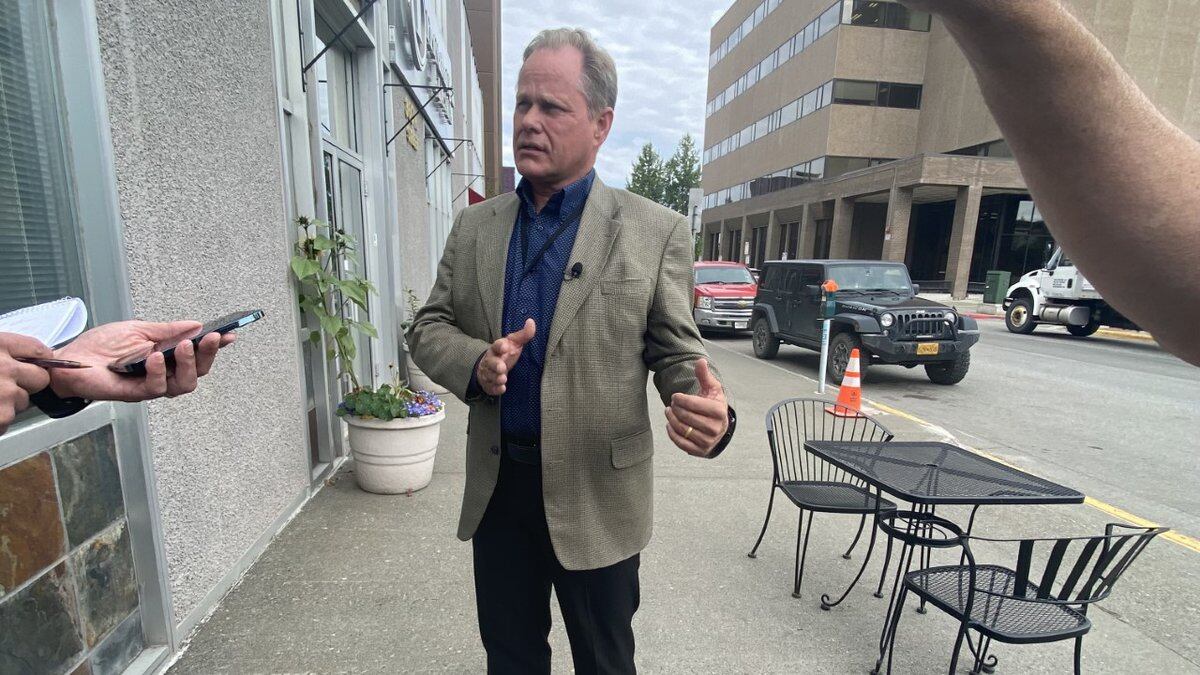 Anchorage Mayor Dave Bronson speaks with news reporters on Wednesday, July 14, 2021.