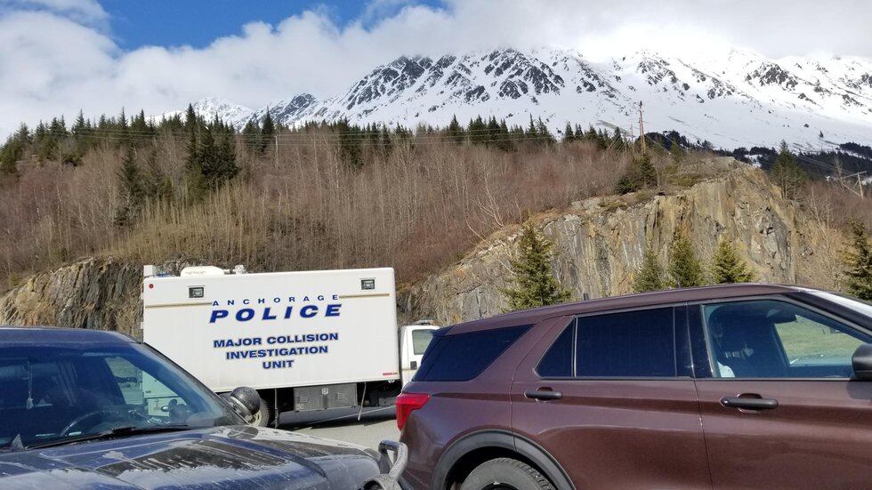Anchorage police stationed at Bird Point on Wednesday, April 6, 2022 after a pedestrian was...