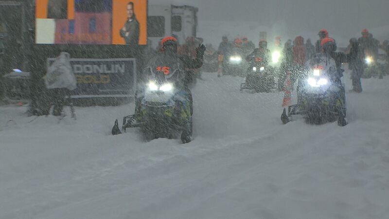 Iron Dog Team 16, Todd Minnick and Nick Olstad, leave the starting line at Deshka Landing for...
