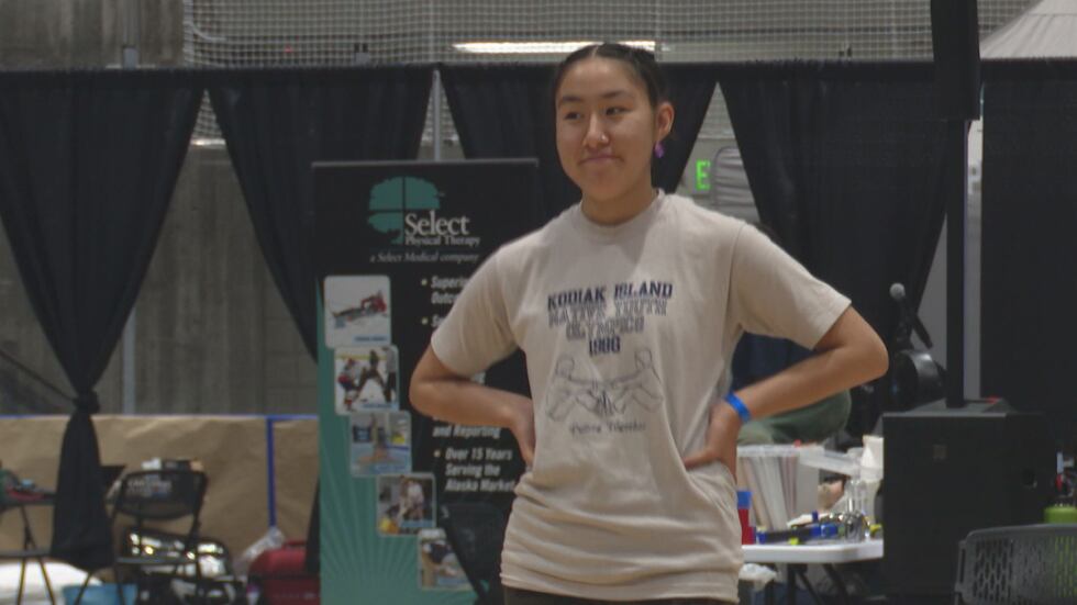 Eden Hopson competes in the toe kick at the 2022 World Eskimo Indian Olympics where wearing a...