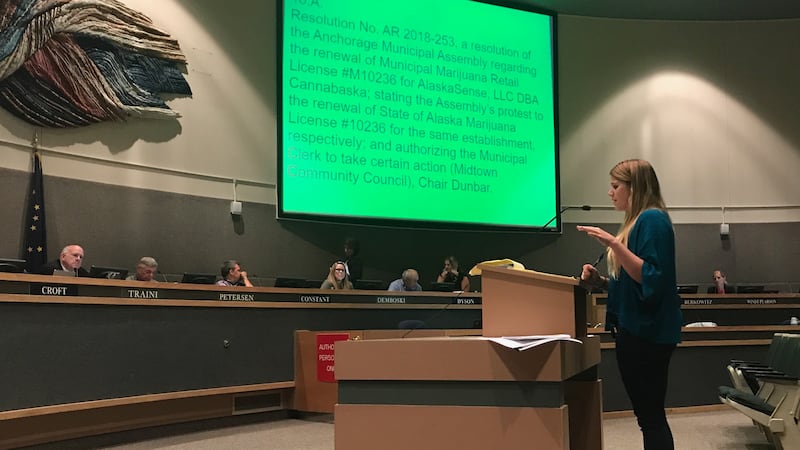 AlaskaSense, LLC's attorney Jana Weltzin addresses the Anchorage Assembly at its regular...