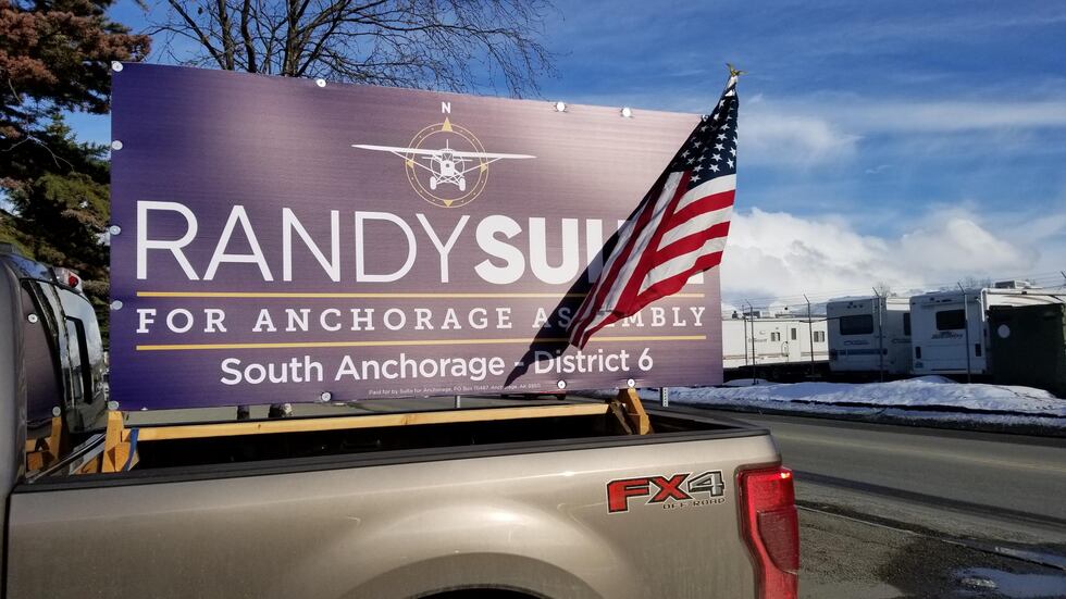 A campaign sign for Randy Sulte at a watch party event where he and several other candidates...