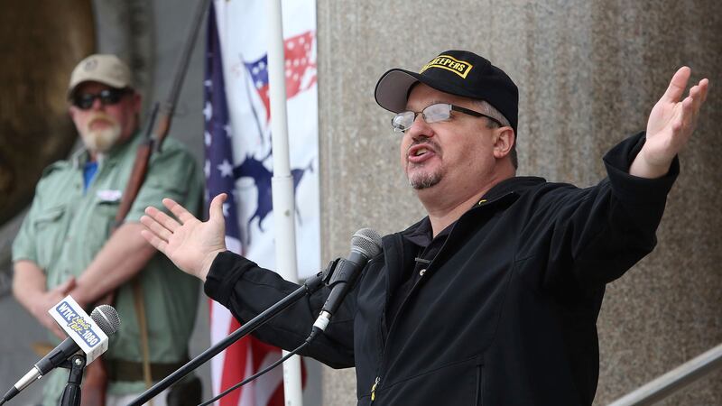 FILE - Stewart Rhodes, founder and president of the pro gun rights organization Oath Keepers...