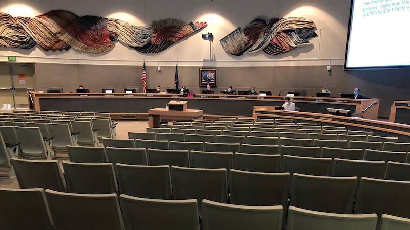 The Anchorage Assembly meets in the Assembly chambers at the Loussac Library on Aug. 27, 2020.