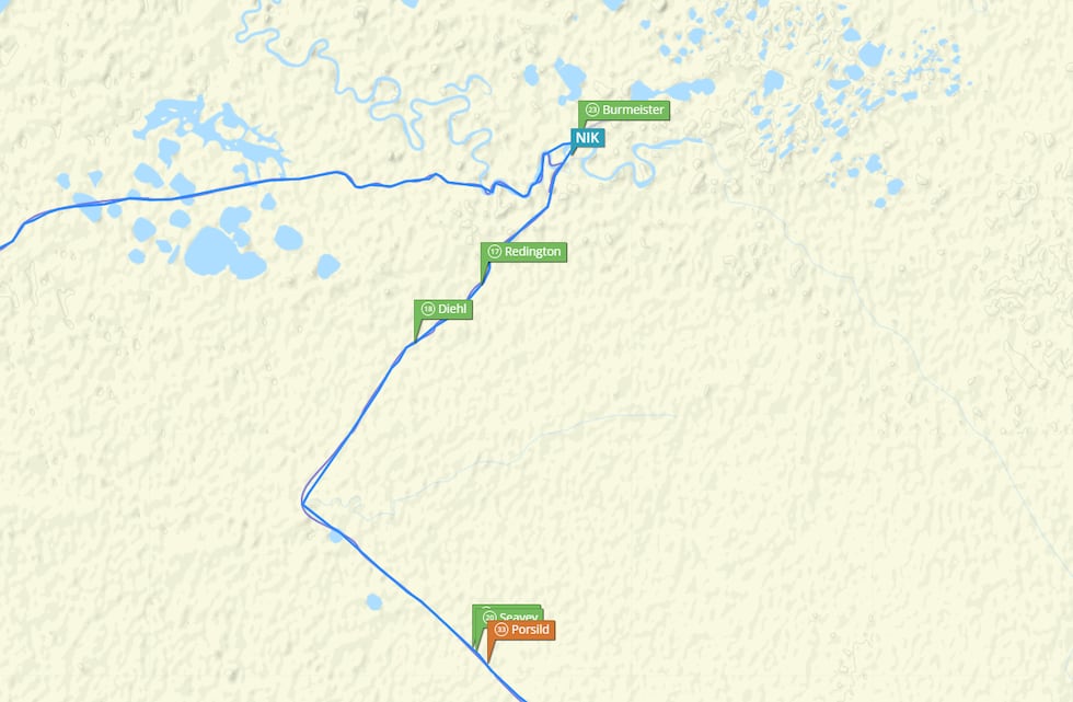 Image capture of GPS tracking in the 2022 Iditarod sled dog race.