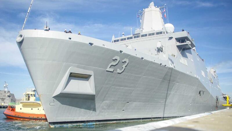 San Antonio-class amphibious transport dock USS Anchorage departs Naval Base San Diego to...