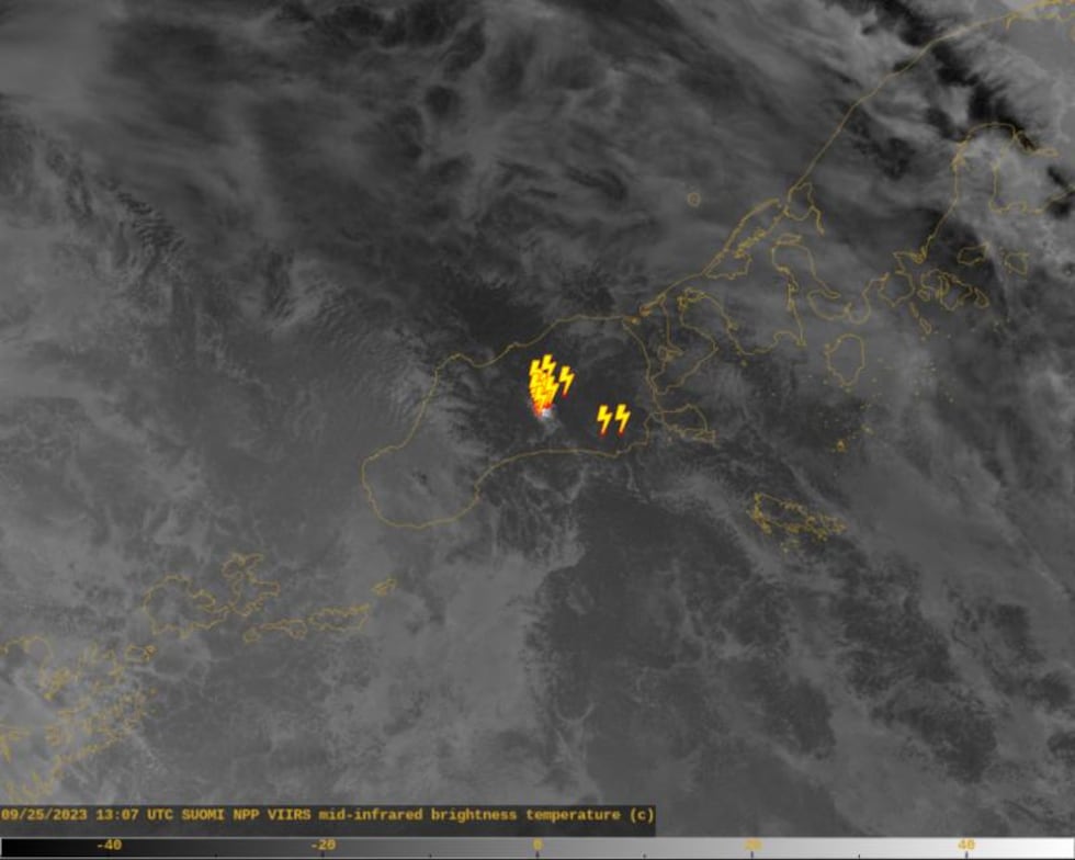 Lightning detections at Shishaldin Volcano, concurrent with ash emissions at about 6 am AKDT,...