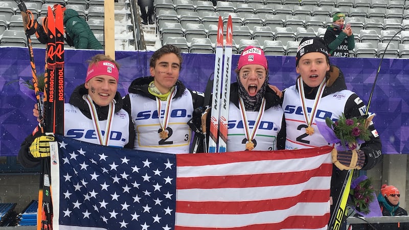 The U.S. Men's ski team celebrating their 4 x 5 kilometer relay win in Finland at the World...